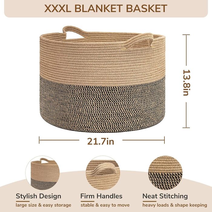 TIMEYARD Storage Basket, Storage Basket for Kids, Children's Laundry Basket, Large Christmas Tree Basket, Basket for Blankets, Baby Toys, Woven Basket, 55x35cm, Black & Jute