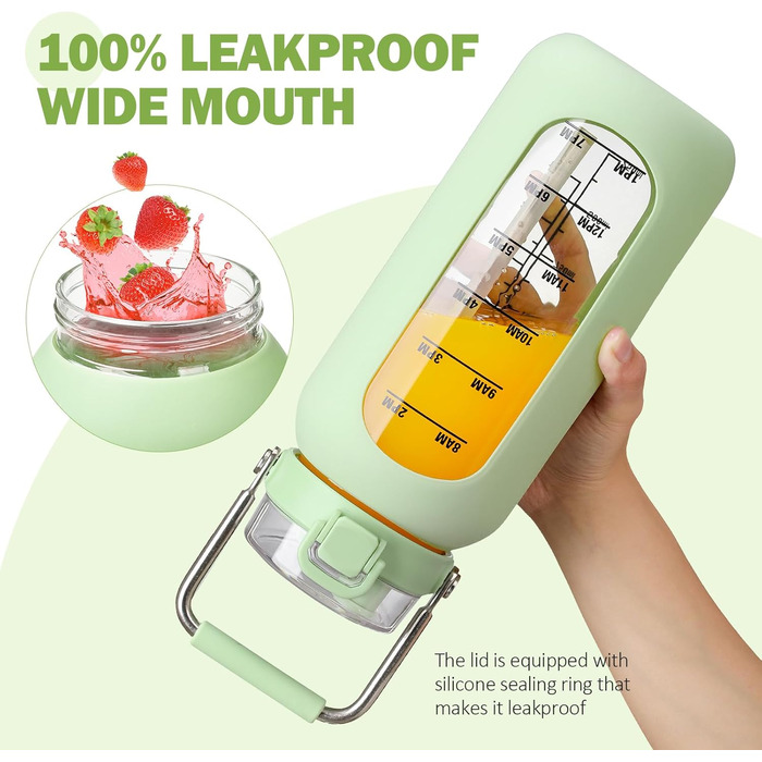 BLUEGO 2000ml Glass Water Bottle with Stainless Steel Handle and Time Marker 2L Motivation Glass Dryer with Silicone Case and Straw for Gym, Office, Outdoors, Sports Water Bottles BPA-free, (Light Green)