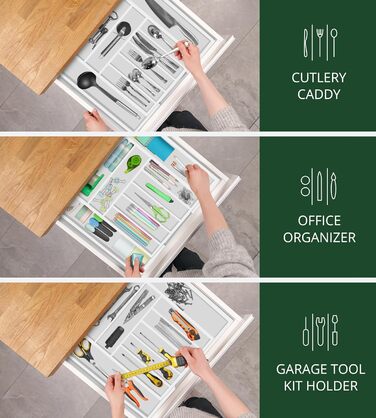 Органайзер для столових приладів ROYAL CRAFT WOOD з бамбука, 9 відділень (20x17.5 см), білий - тримач для ложок, виделок, ножів та кухонного приладдя