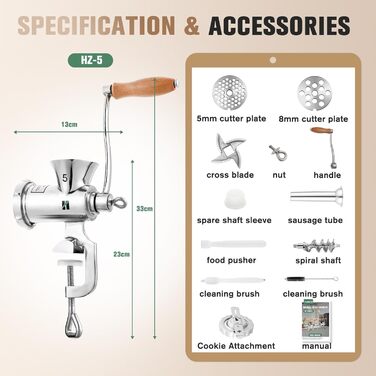 М'ясорубка ручна Huanyu з нержавіючої сталі, насадка для ковбас та печива, миється в посудомийній машині, для яловичини, свинини та овочів (№8)