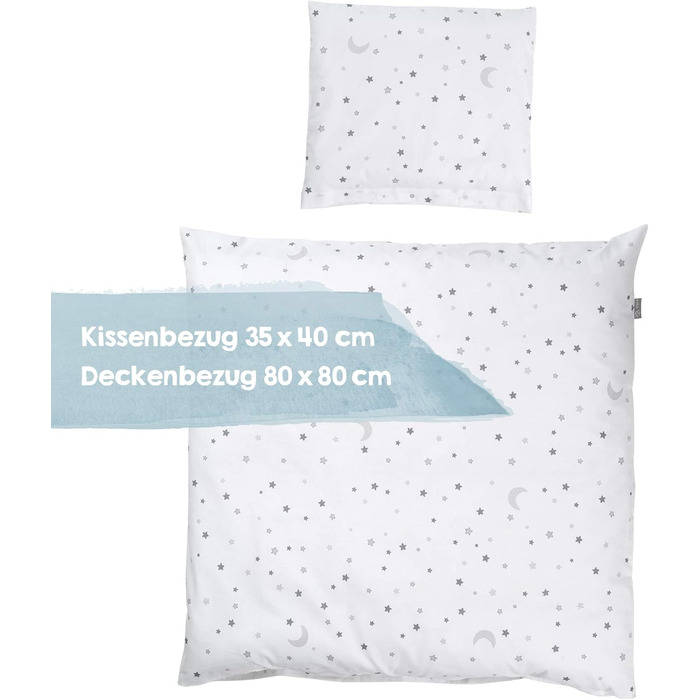 Комплект постільної білизни для дитячого ліжечка Roba 100 x 135 см - комплект для дівчаток та хлопчиків - ковдра та наволочка з бавовни для малюків та дітей - зірковий принт - білий (Сірий Зоряний Чарівник, 80x80 / 40x35 см)