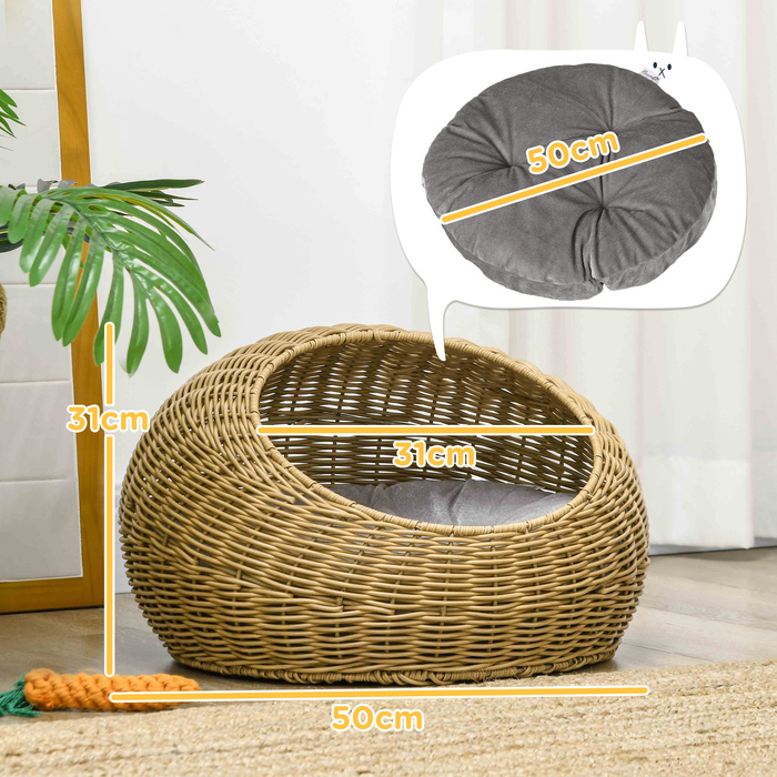 PawHut Rattan Cat Basket Cat House with Cushion for Cats up to 4 kg, Indoor Cat Cave made of PE Rattan, Ø50 x 31 cm, light brown for cozy retreats