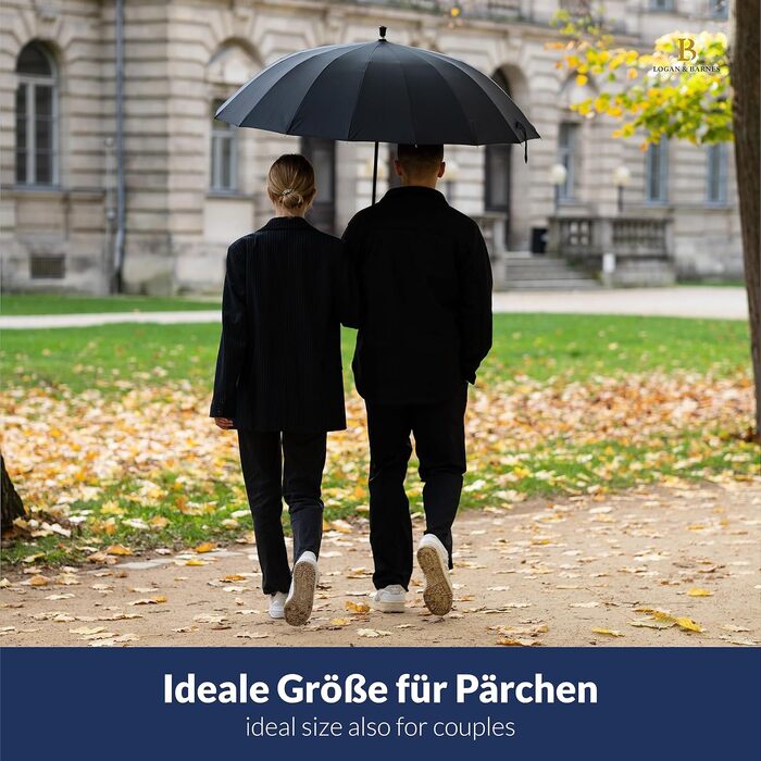 Edinburgh Windproof Umbrella - Large 16-Rib Black Umbrella with Wooden Handle & Silent Tip - LOGAN & BARNES