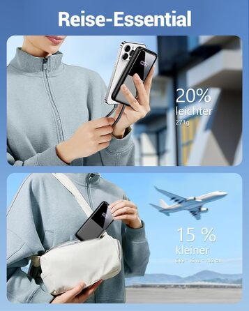 Power Bank 26800mAh, 22,5W з 3 портами USB та 2 вбудованими кабелями, чорний. Сумісний з iPhone та Android