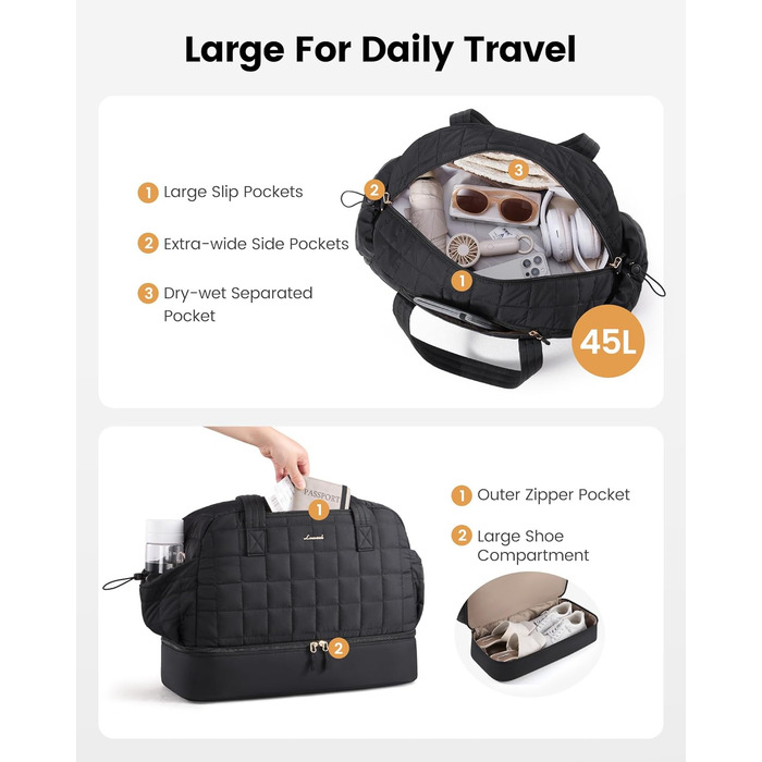 Сумка-мішок LOVEVOOK Weekender 35L: водонепроникна спортивна сумка для подорожей, туризму, йоги (чорний)