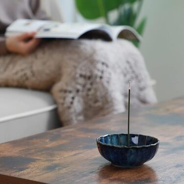 Asayu Japan Incense Holder - Blue Lotus - For 10cm Incense Sticks, Made in Japan, Traditional Ceramic Ash Catcher, Includes Removable Brass Stand - For Yoga, Meditation, and Relaxation