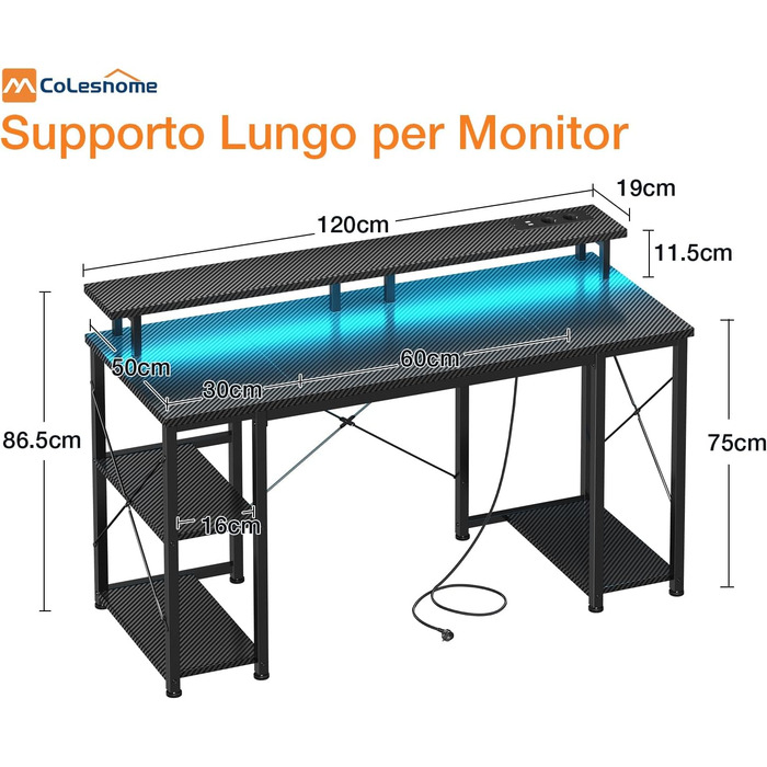 Ігровий стіл Coleshome з LED-підсвічуванням 120x50 см, з 2 розетками та 2 USB-портами, стіл для комп'ютера з підставкою для монітора та місцем для зберігання, для дому та офісу, чорний