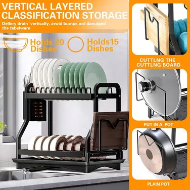 Сушарка для посуду з нержавіючої сталі з двома ярусами, з підставкою для обрізки, тримачем для чашок, столових приборів та зливною чашею. Ідеальна для кухні.