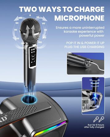 Bluetooth-караоке машина для дорослих та дітей, портативна 80W акустика з 2 бездротовими мікрофонами, регулятором ехо, підтримка USB/AUX/TF-картки, ідеальний подарунок для дому та вулиці