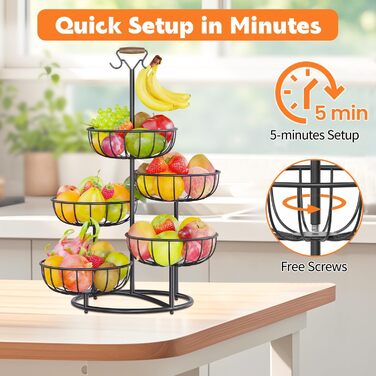 Багатоярусна підставка для фруктів PouHenier.jh – 5 ярусів, чорний колір, з тримачем для бананів. Металева підставка для фруктів та овочів, органайзер для кухні
