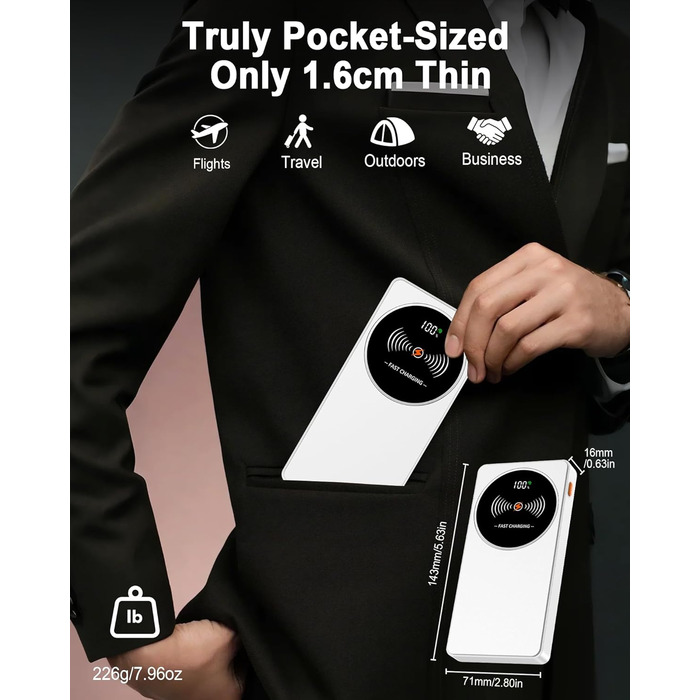 Портативний зарядний пристрій Power Bank Klein 10000mAh з USB-C, 3 порти, сумісний з iPhone 17/16/15/14/13 Pro Max Plus Mini та Android (білий)