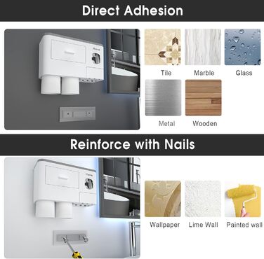 I have toothbrush holders for bathroom decor, 2 cup toothbrush holders wall-mounted with toothpaste dispenser, bathroom accessories with a large-capacity tray, and a cosmetic drawer.