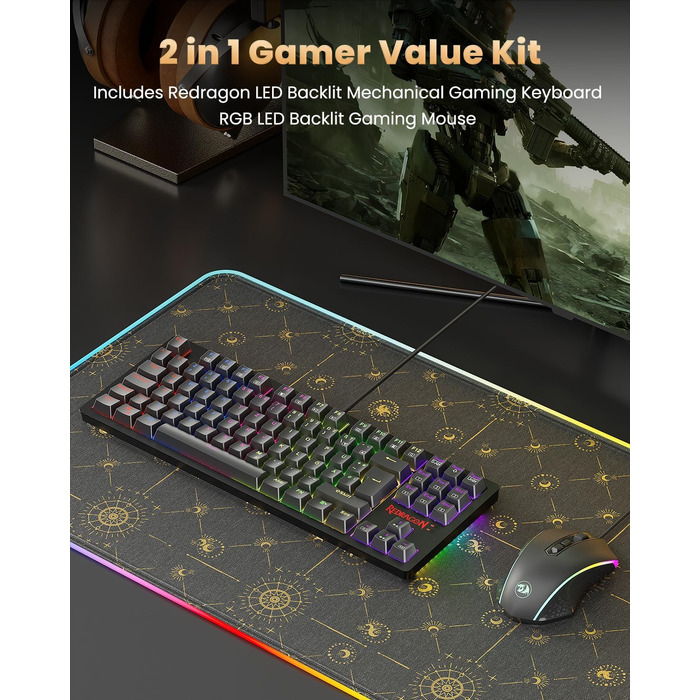 Redragon K552 Комплект: Механічна клавіатура та миша для геймінгу з RGB-підсвічуванням, brown switches, 4200 DPI, QWERTZ DE Layout