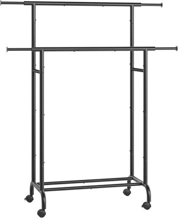 SONGMICS Clothes Rack with 2 Clothes Rods, Extendable Garment Rod, with Wheels, Coat Rack, Height Adjustable between 113 and 180 cm, Lower Rod Adjustable, LLR401R01 (Ink Black, 120D x 50W x 156H cm)