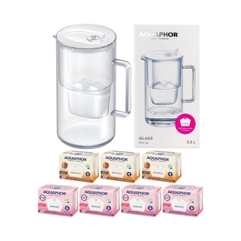 Скляний фільтр-глечик для води Aquaphor Glass, білий + 7 фільтрів (4Mg+3H)