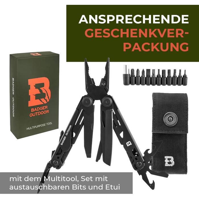 Багатофункціональний інструмент Solid Black 16-в-1: ніж для виживання, мультитул для туризму, кемпінгу та подарунок для чоловіків. Виготовлений з нержавіючої сталі, з бітами.