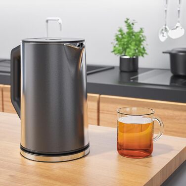 Arendo - Stainless Steel Kettle with Temperature Setting 40-100 Degrees in 5-Degree Increments - Double-Walled Design - Model ELEGANT - 1.5 Liter - 2200 W - Tea Kettle with Temperature Display - GS - Black (G: Pearl Grey)