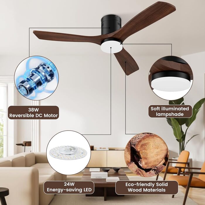 Стеляний вентилятор з дерева з підсвічуванням та керуванням, 132 см, 24W LED, DC-двигун, 6 швидкостей, таймер, пульт дистанційного керування