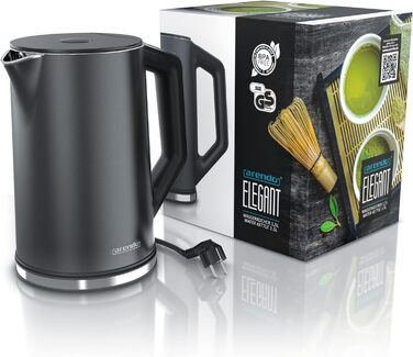 Arendo - Stainless Steel Kettle with Temperature Setting 40-100 Degrees in 5-Degree Increments - Double-Walled Design - Model ELEGANT - 1.5 Liter - 2200 W - Tea Kettle with Temperature Display - GS - Black (G: Pearl Grey)