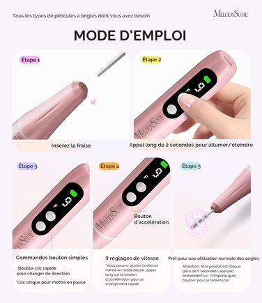 Електричний набір для манікюру MelodySusie PC90G: нагрівач для гелю та акрилу, 20000 об/хв, регулювання швидкості, рожевий