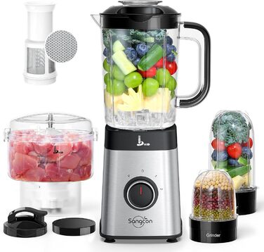 Sangcon 5-in-1 Stand Mixer & Smoothie Maker - 500W Power, 3 Speed Settings, Pulse Function, Glass & Stainless Steel Cups