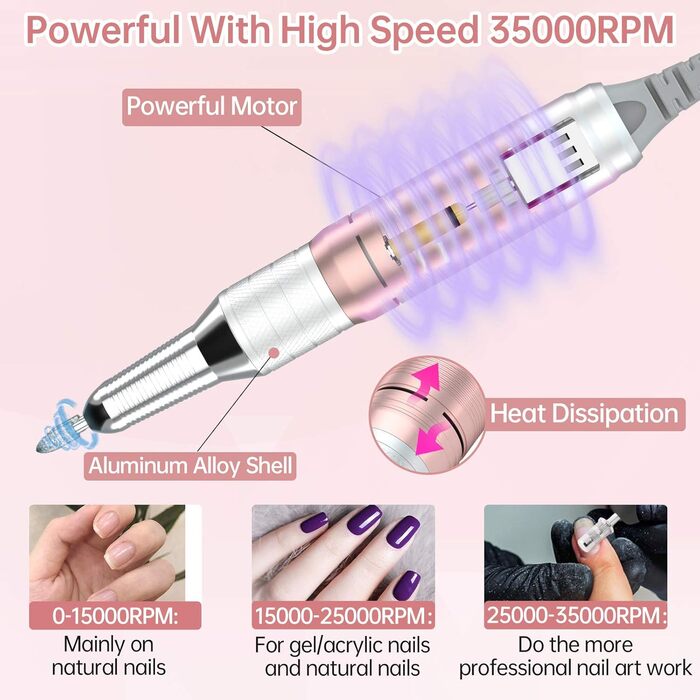 Електричний фрезер для нігтів Delanie 35000 об/хв: набір для манікюру з насадками, регулювання швидкості та напрямку, рожеве золото