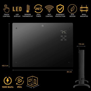 Електричний конвектор Power Smart Heater 1500 Вт з термостатом і керуванням через додаток, настінний та підлоговий, енергоощадний електрообігрівач