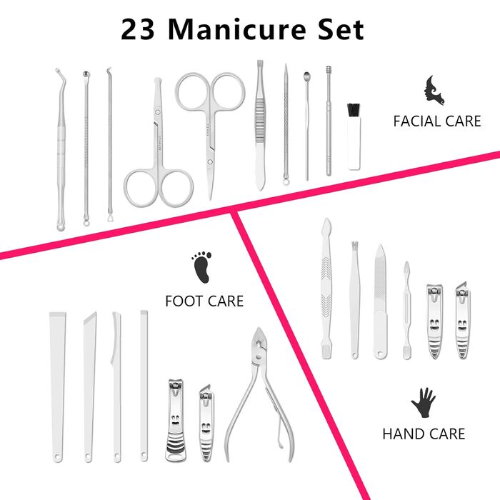 Набір для манікюру та педикюру 23 шт. Професійний набір для стрижки нігтів з нержавіючої сталі з подарунковою шкіряною сумочкою (Рожевий/Сріблястий)