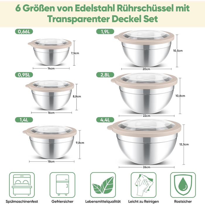 Набір мисок Homikit з нержавіючої сталі: 6 шт. (4,5L, 2,8L, 2,5L, 1L, 1,2L, 0,7L) з прозорою кришкою, для приготування, випікання, сервірування, миючі в посудомийній машині