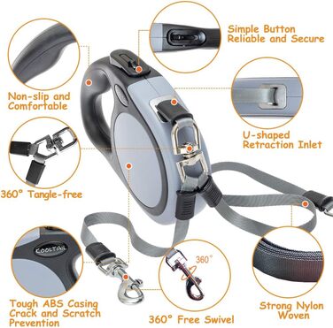 KOOLTAIL Подвійна висувна собача шлейка - міцна, двоколірна 5 м висувна шлейка для собак маленьких, середніх та великих порід, для прогулянок, 2 собаки до 50 кг, сіра