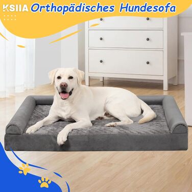 KSIIA Orthopedic Dog Bed for Large Dogs, 105x70x18cm, Removable and Washable Cover, XL Dog Couch with THREE Raised Edges, Non-Slip Bottom, Egg Crate Foam Dog Basket, (L 91 x W 68 x H 16 cm, Light Grey)