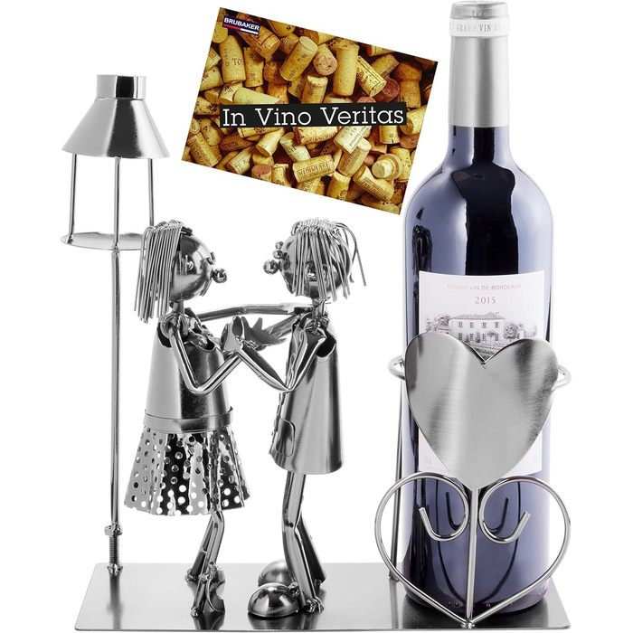 BRUBAKER Wine Bottle Holder, Loving Couple with Lantern for Tealight - Metal Sculpture Bottle Stand - 26.5 cm - Wine Gift for Couples, Pair Gift - with Greeting Card