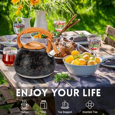 Чайник для плити GGC 3.1 л / 3 л з дерев'яною ручкою, з функцією кипіння, колір: сірий/чорний градієнт, нержавіюча сталь, для дому (Black Art Line)