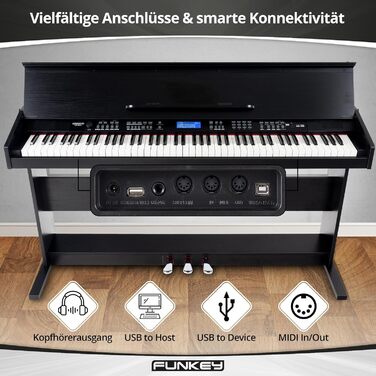 FunKey DP-88 II Цифрове піаніно: 88 клавіш, поліфонія 128, 360 звуків, 160 стилів, MP3-плеєр, функція навчання, запис та відтворення, 3 педалі, чорний колір