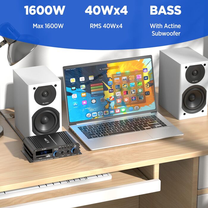 4.1-канальний підсилювач 1600W, Bluetooth 5.0, HiFi міні підсилювач для домашніх колонок 40Вт x4 + активний сабвуфер, USB/TF, MP3, пульт, 110-240V/12V, S299