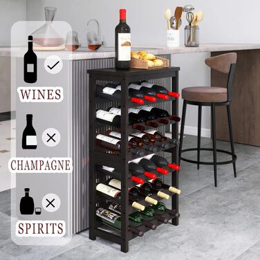 24-Bottle Wine Rack Freestanding Floor, 6-Tier Wine Display Storage Shelves with Tabletop, Bamboo Wine Bottle Holder Stand with Wave Bars for Kitchen, Dining Room, Pantry, Black