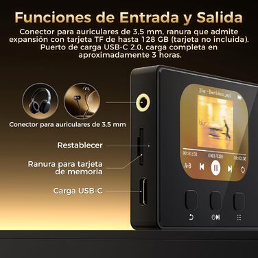 MP3 плеєр 32GB з Bluetooth 5.3, HiFi звук, для дітей, чорний. Радіо FM, підтримка TF карти до 128GB, еквалайзер, навушники в комплекті