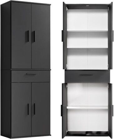 Multi-purpose cabinet 60cm wide with drawers 'The Practical', small office cabinet or filing cabinet, also usable as a shoe cabinet or storage cabinet in 60x90x34 cm (W/H/D) in White (Height 180CM, Anthracite Black)