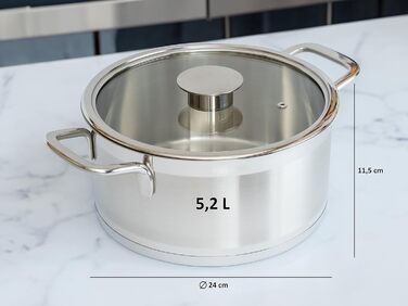 Каструля GRANA HOME з нержавіючої сталі з кришкою з термостійкого скла та отвором для пари – універсальна каструля для приготування тушкованих страв, супів та каш для всіх типів плит (індукція, газ, електро, кераміка) (Classic Line, 24 см)