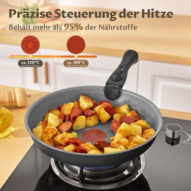 Набір сковорідок 4 шт. 20, 24, 28 см з термоіндикатором, знімні ручки, антипригарне покриття, підходить для всіх плит, можна використовувати в духовці