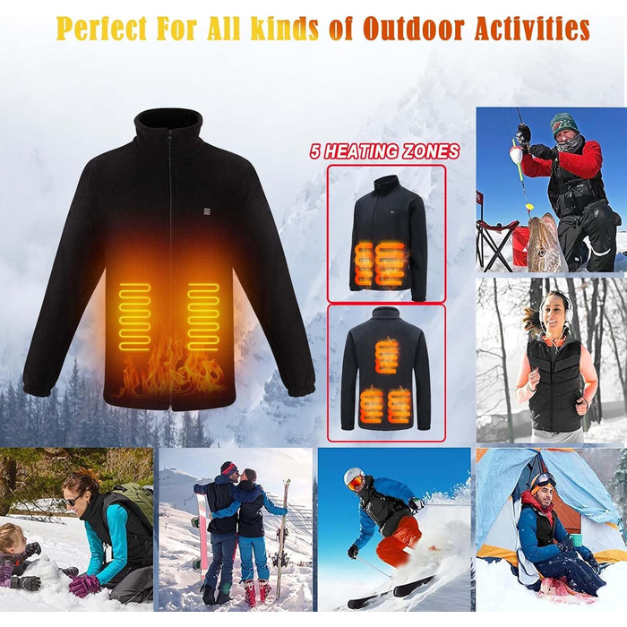 Обогревна куртка TOUVE з 5 зонами підігріву, регулюванням температури, Polar Fleece, для жінок та чоловіків, чорний (2025)