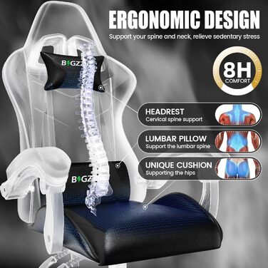 Геймерське крісло Racingreat Ergonomic: регульоване, з підголівником, PU-шкіра, для дітей, підлітків та дорослих, чорне
