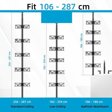 Телескопічна поличка для душу Bomclap з 5 кошиками, кутова, металева, чорна. Регульована висота 106-287 см, без свердління.