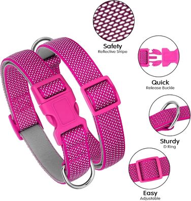 Світловідбиваючий нашийник для собак Didog з пряжкою, регульований, м'який неопрен, з підкладкою, нейлон, для малих, середніх та великих собак, зелений, L (M: Neck 25-43cm, Hot Pink)