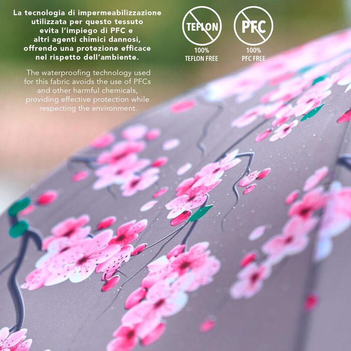 PERLETTI Green Eco Women's Umbrella - Large Automatic Rain Umbrella with Recycled Materials & Cherry Blossom Design