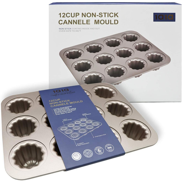 Canele Mold, Carbon Steel, 12 Cavities, Non-Stick, Canelé Molds, Baking Pans for Oven Baking, Cupcake