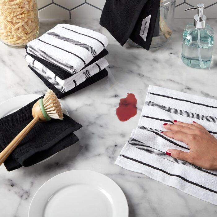 KitchenAid Albany Dishcloths, 8-Piece, Matte Black/White, 30.5 x 30.5 cm