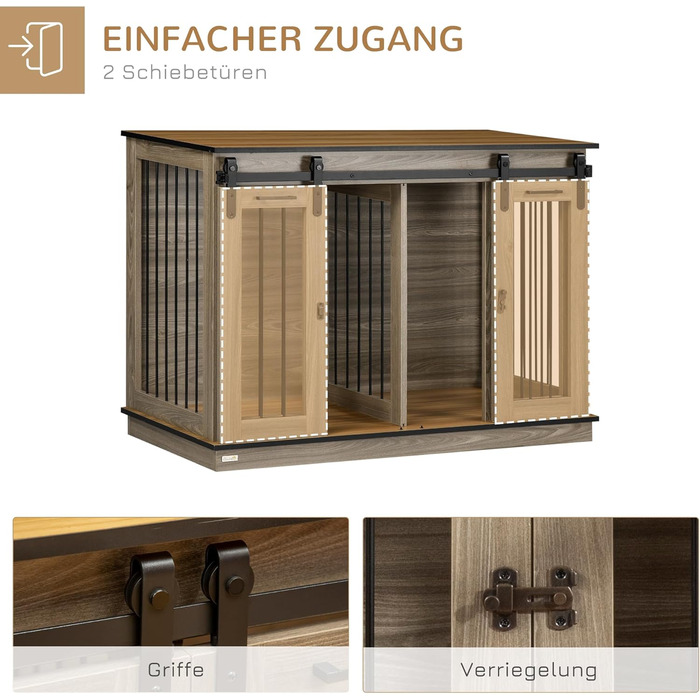 Клітка для собак PawHut, будиночок для собак з двокімнатним варіантом, клітка для домашніх тварин з двома дверцятами, переноска для собак, собачий будиночок для собак середніх розмірів, 120 x 60 x 88,5 см, дуб