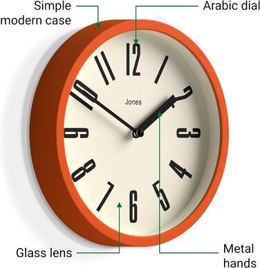 JONES CLOCKS® Hot Tub Wall Clock | Small Retro Round Clock | 20cm | Orange | Easy-to-Read Numbers | Ideal for Kitchen, Office, Kids' Room, or Any Small Space