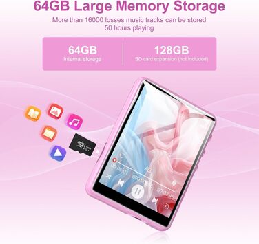 MP3 плеєр SWOFY з Bluetooth 5.3, 64ГБ, HiFi звук, вбудований динамік, FM-радіо та диктофон, 2.4
